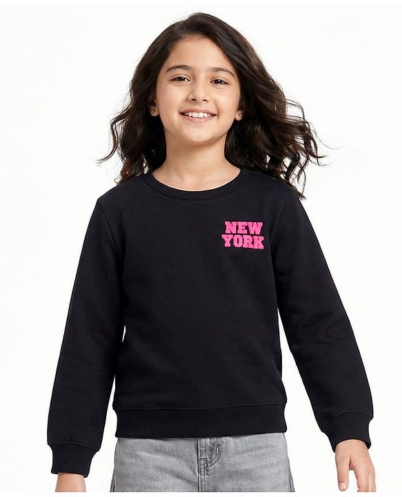Pine Kids Knit Full Sleeves Sweatshirt with Front & Back Text Graphic - Black