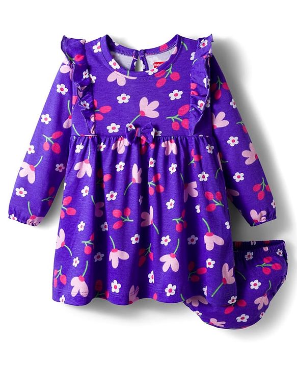 Babyhug Single Jersey Knit Full Sleeves Frock With Bloomer & Floral Print - Purple