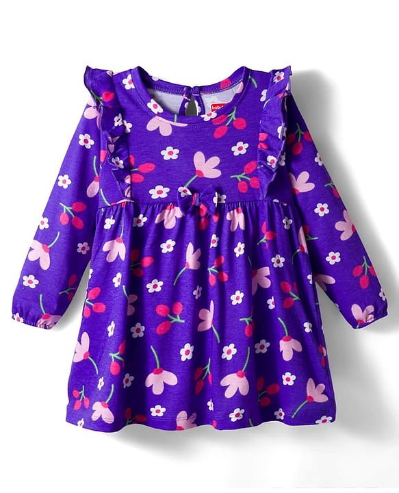 Babyhug Single Jersey Knit Full Sleeves Frock With Bloomer & Floral Print - Purple
