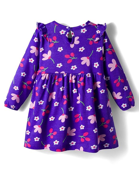 Babyhug Single Jersey Knit Full Sleeves Frock With Bloomer & Floral Print - Purple