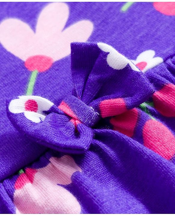 Babyhug Single Jersey Knit Full Sleeves Frock With Bloomer & Floral Print - Purple