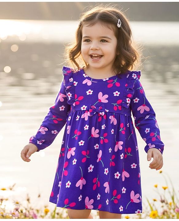 Babyhug Single Jersey Knit Full Sleeves Frock With Bloomer & Floral Print - Purple