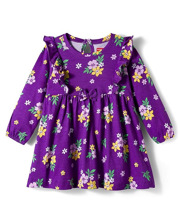 Babyhug Single Jersey Knit Full Sleeves Frock with Bloomer with Floral Print Frill Detailing & Bow Applique - Purple