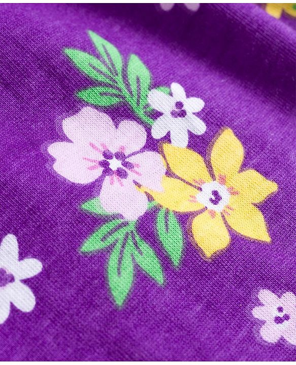 Babyhug Single Jersey Knit Full Sleeves Frock with Bloomer with Floral Print Frill Detailing & Bow Applique - Purple