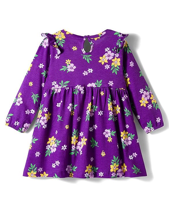 Babyhug Single Jersey Knit Full Sleeves Frock with Bloomer with Floral Print Frill Detailing & Bow Applique - Purple