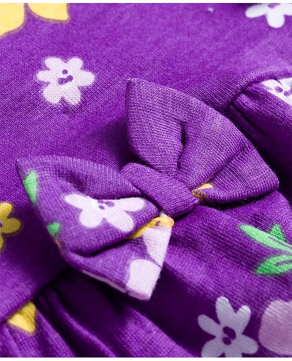 Babyhug Single Jersey Knit Full Sleeves Frock with Bloomer with Floral Print Frill Detailing & Bow Applique - Purple