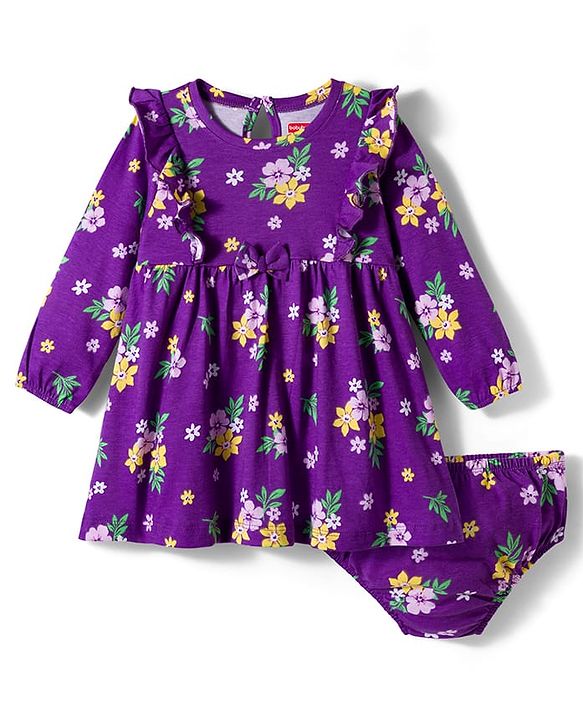 Babyhug Single Jersey Knit Full Sleeves Frock with Bloomer with Floral Print Frill Detailing & Bow Applique - Purple