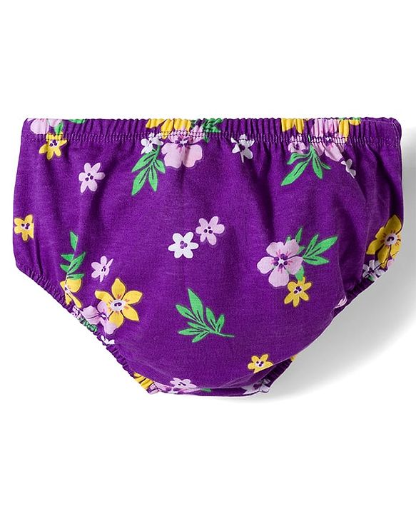 Babyhug Single Jersey Knit Full Sleeves Frock with Bloomer with Floral Print Frill Detailing & Bow Applique - Purple
