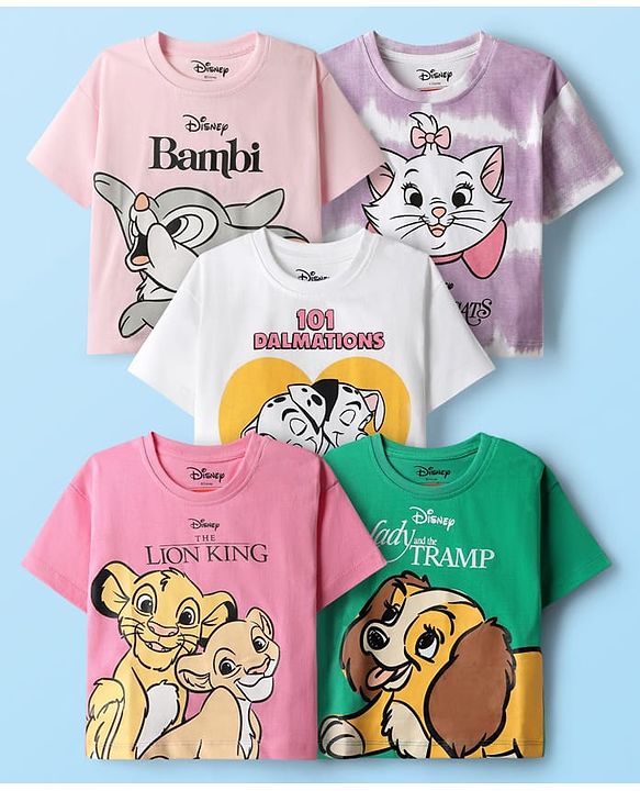 Babyhug Disney Single Jersey Knit Half Sleeve T-Shirts with Disney Characters Graphics  Pack of 5 - Pink, White & Green