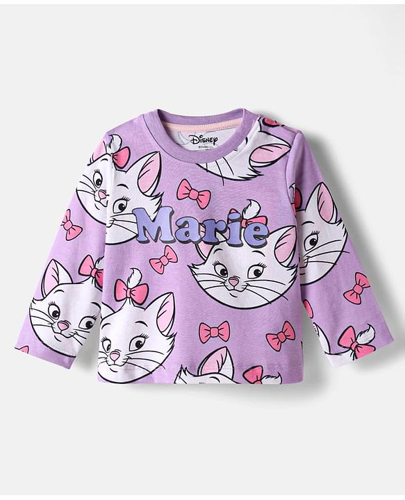 Babyhug Disney Single Jersey Knit Full Sleeves Co-ords Night Suit With Marie Print - Lavender