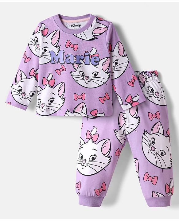 Babyhug Disney Single Jersey Knit Full Sleeves Co-ords Night Suit With Marie Print - Lavender