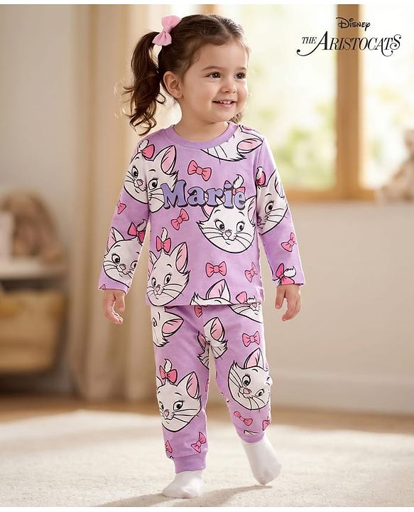 Babyhug Disney Single Jersey Knit Full Sleeves Co-ords Night Suit With Marie Print - Lavender