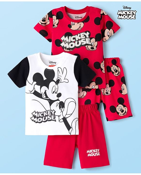 Babyhug Disney Single Jersey Knit Half Sleeves T-Shirts & Shorts Sets With Mickey Mouse Graphic Pack of 2 - Multicolor