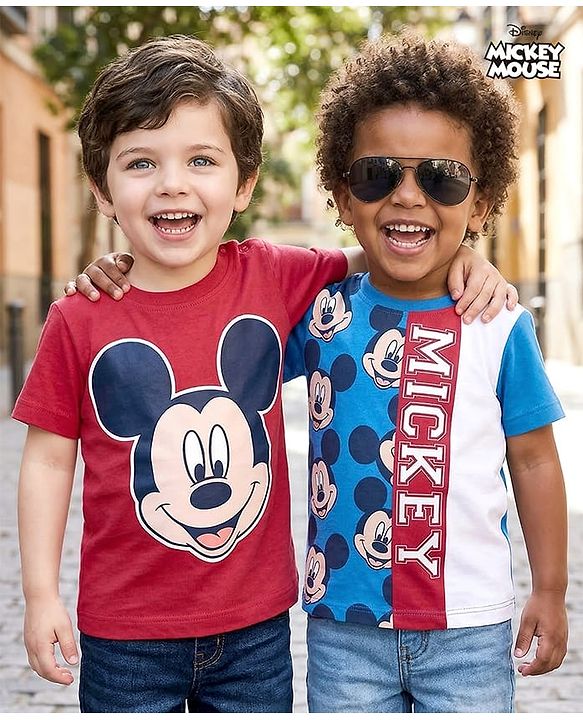 Babyhug Disney 100% Cotton Knit Half Sleeves T-Shirt With Micky Mouse Graphics Pack Of 2 - Multicolour