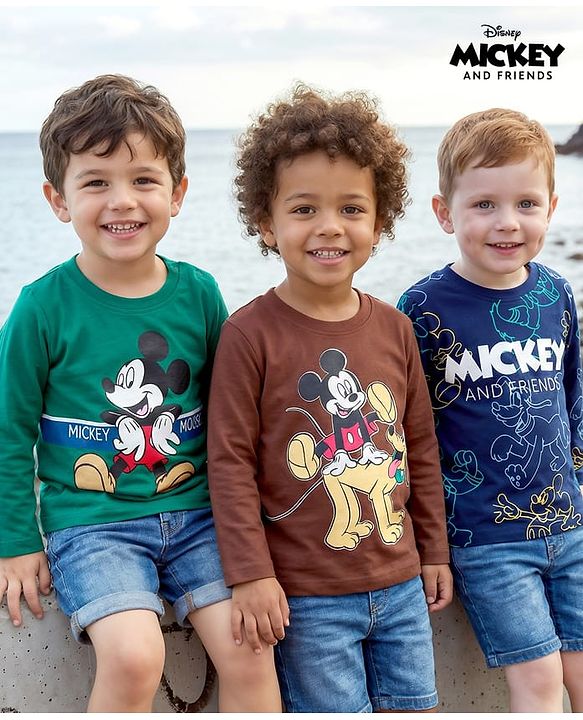Babyhug Disney Single Jersey Knit Full Sleeves T-Shirt with Mickey Mouse & Friends Graphic Pack of 3 - Brown Green & Navy Blue