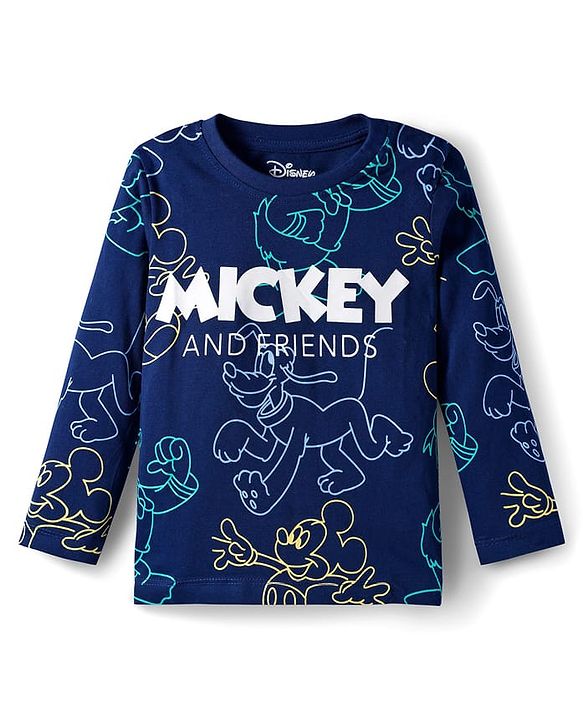 Babyhug Disney Single Jersey Knit Full Sleeves T-Shirt with Mickey Mouse & Friends Graphic Pack of 3 - Brown Green & Navy Blue