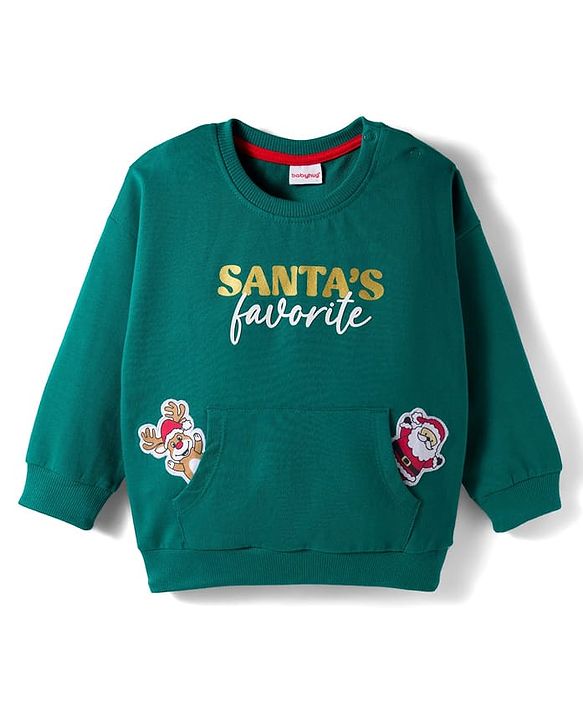 Babyhug Cotton Knit Full Sleeves Sweatshirt With Christmas Print & Kangaroo Pockets - Green