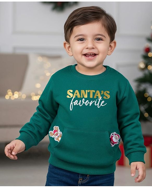 Babyhug Cotton Knit Full Sleeves Sweatshirt With Christmas Print & Kangaroo Pockets - Green