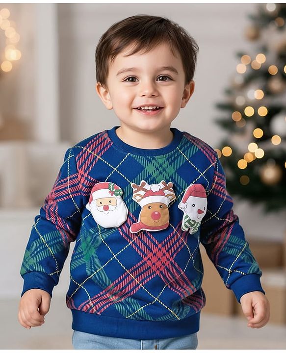 Babyhug Cotton Knit Full Sleeves Checks Sweatshirt With Santa Claus & Reindeer Applique - Navy Blue