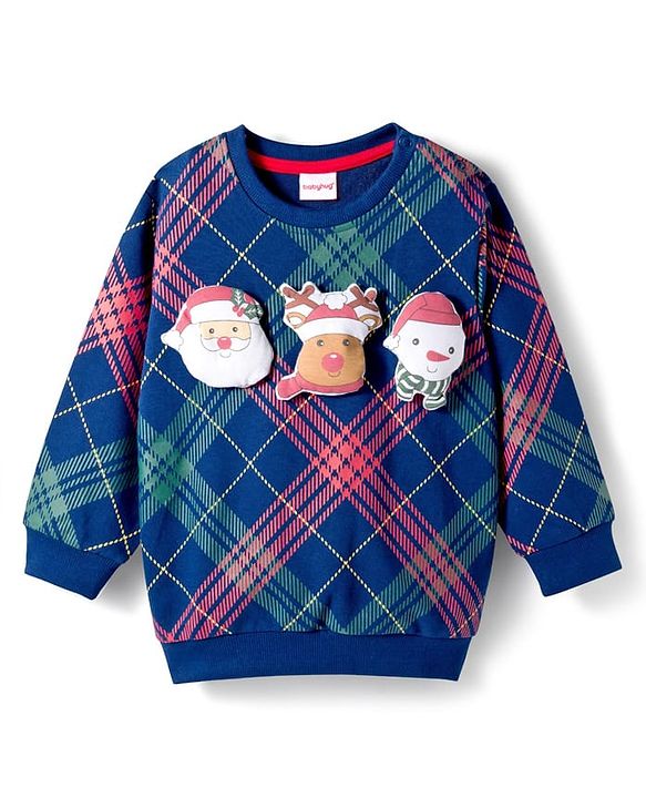 Babyhug Cotton Knit Full Sleeves Checks Sweatshirt With Santa Claus & Reindeer Applique - Navy Blue