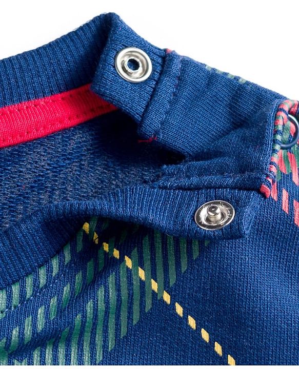 Babyhug Cotton Knit Full Sleeves Checks Sweatshirt With Santa Claus & Reindeer Applique - Navy Blue