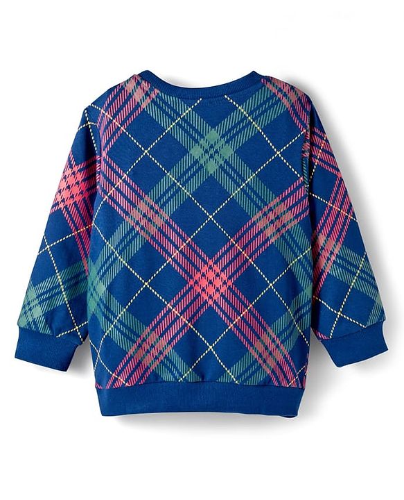 Babyhug Cotton Knit Full Sleeves Checks Sweatshirt With Santa Claus & Reindeer Applique - Navy Blue