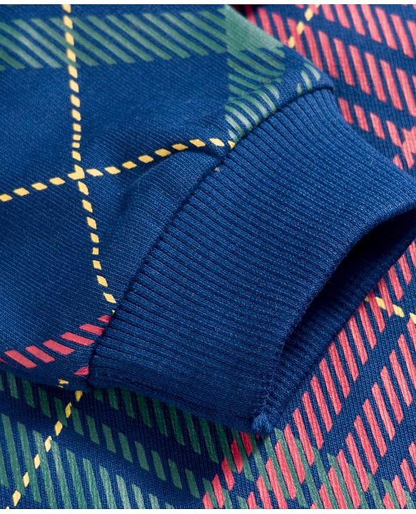 Babyhug Cotton Knit Full Sleeves Checks Sweatshirt With Santa Claus & Reindeer Applique - Navy Blue