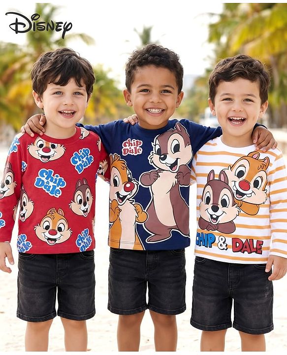 Babyhug Disney Single Jersey Knit Full Sleeves T-Shirt with Chip N Dale Graphics Pack of 3 - Red Navy Blue & Cream