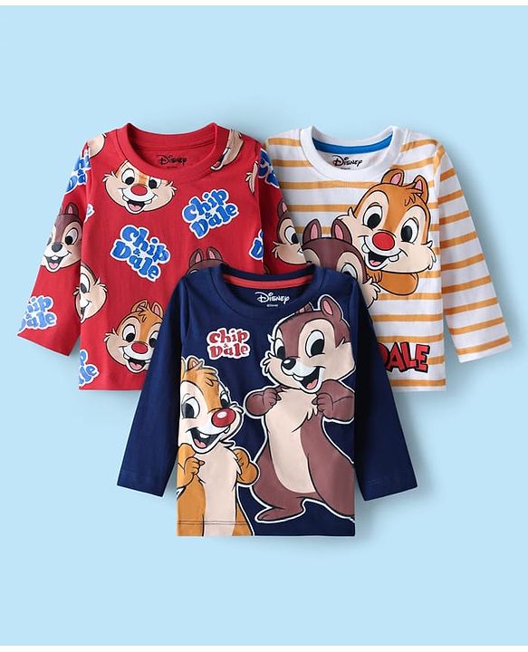 Babyhug Disney Single Jersey Knit Full Sleeves T-Shirt with Chip N Dale Graphics Pack of 3 - Red Navy Blue & Cream