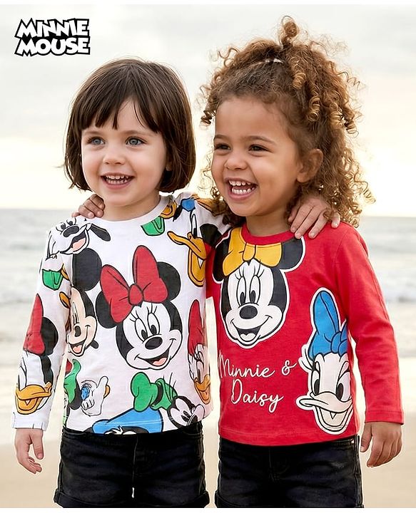 Babyhug Disney Single Jersey Knit Full Sleeves T-Shirts with Minnie & Friends Graphics Pack of 2 - Red & White