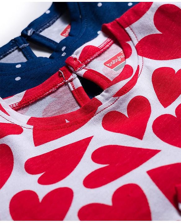 Babyhug Single Jersey Knit Half Sleeves Heart & Polka Dot Printed Frocks With Bow Applique Pack of 2 - Navy Blue & White