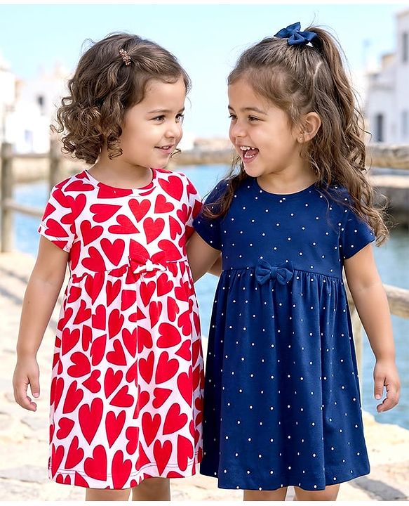 Babyhug Single Jersey Knit Half Sleeves Heart & Polka Dot Printed Frocks With Bow Applique Pack of 2 - Navy Blue & White