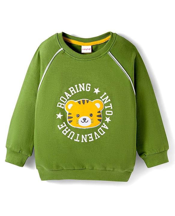 Babyhug Cotton Knit Full Raglan Sleeves Sweatshirt With Animal & Text Print - Green