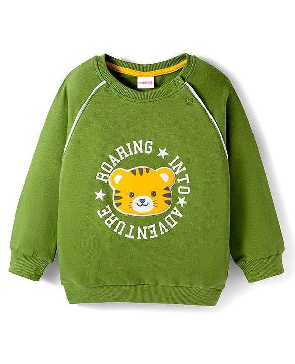 Babyhug Cotton Knit Full Raglan Sleeves Sweatshirt With Animal & Text Print - Green