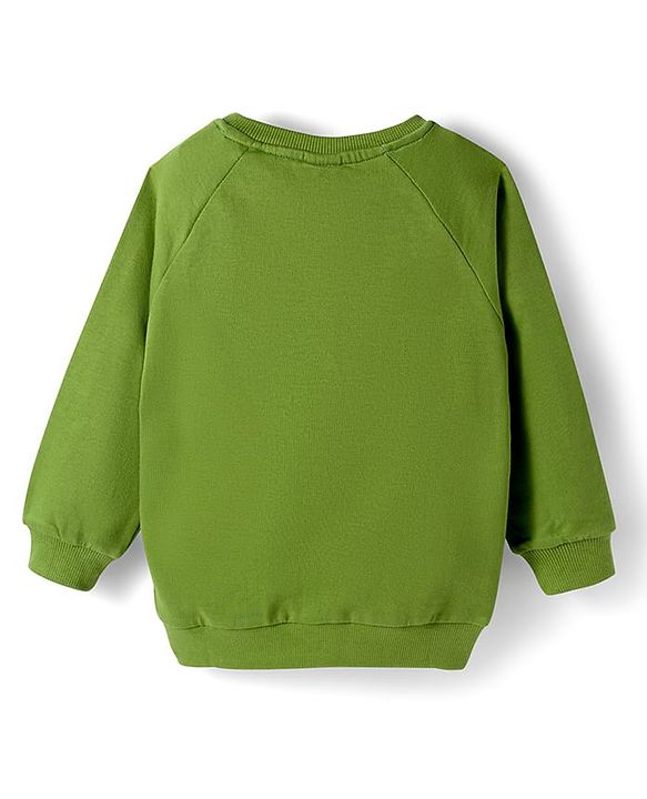 Babyhug Cotton Knit Full Raglan Sleeves Sweatshirt With Animal & Text Print - Green