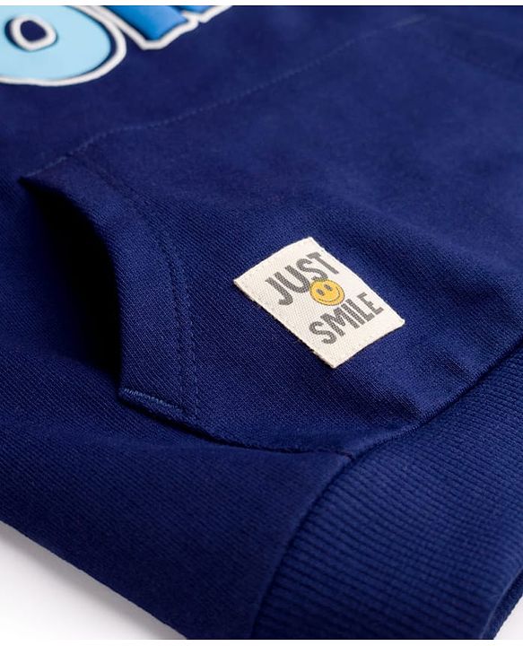 Babyhug Cotton Knit Full Sleeves Sweatshirt With Text Print & Kangaroo Pocket - Navy Blue
