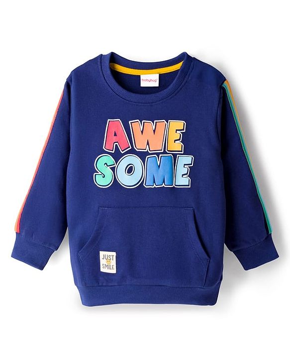 Babyhug Cotton Knit Full Sleeves Sweatshirt With Text Print & Kangaroo Pocket - Navy Blue