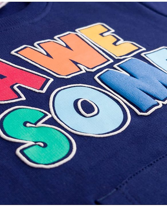 Babyhug Cotton Knit Full Sleeves Sweatshirt With Text Print & Kangaroo Pocket - Navy Blue