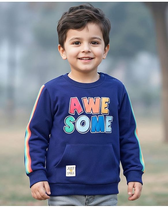 Babyhug Cotton Knit Full Sleeves Sweatshirt With Text Print & Kangaroo Pocket - Navy Blue