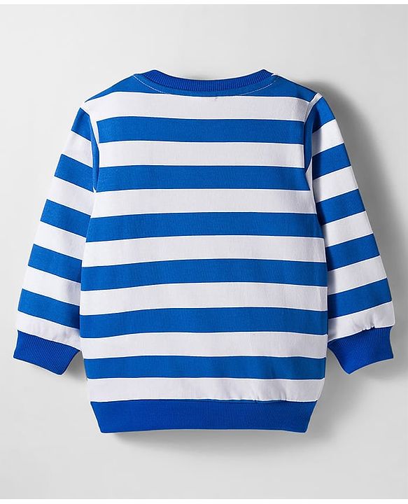 Babyhug Cotton Knit Full Sleeves Striped Sweatshirt With Animal Print & Embroidery - Blue