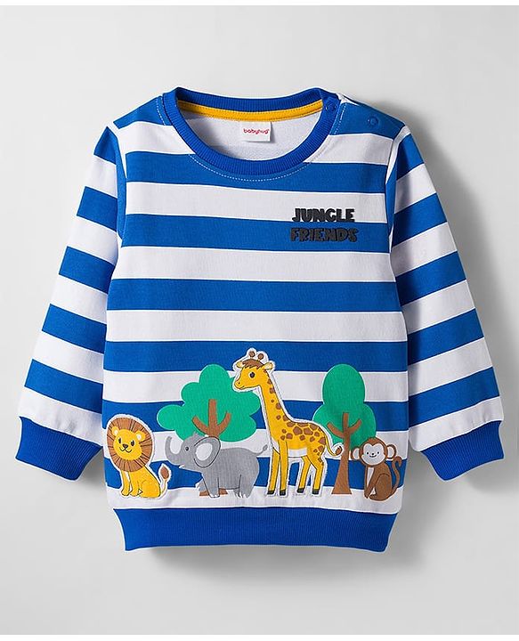 Babyhug Cotton Knit Full Sleeves Striped Sweatshirt With Animal Print & Embroidery - Blue