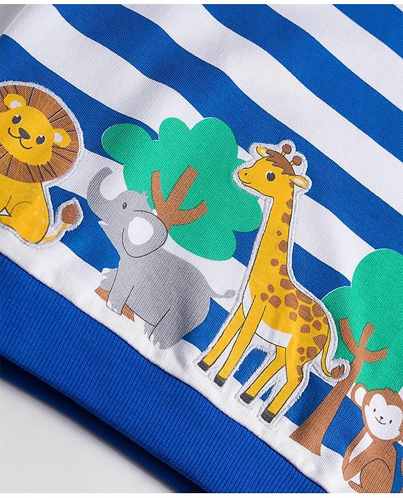 Babyhug Cotton Knit Full Sleeves Striped Sweatshirt With Animal Print & Embroidery - Blue