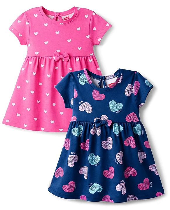Babyhug Single Jersey Knit Half Sleeves Frocks With Heart Print & Bow Applique Pack of 2 - Navy Blue & Pink