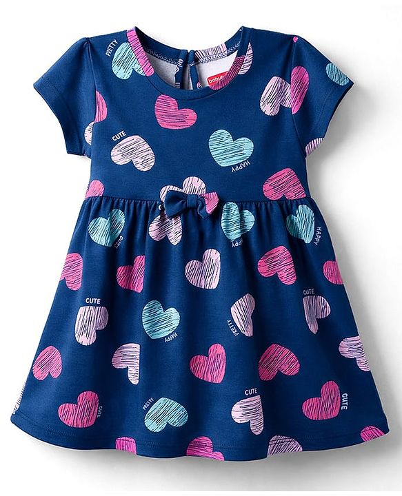 Babyhug Single Jersey Knit Half Sleeves Frocks With Heart Print & Bow Applique Pack of 2 - Navy Blue & Pink