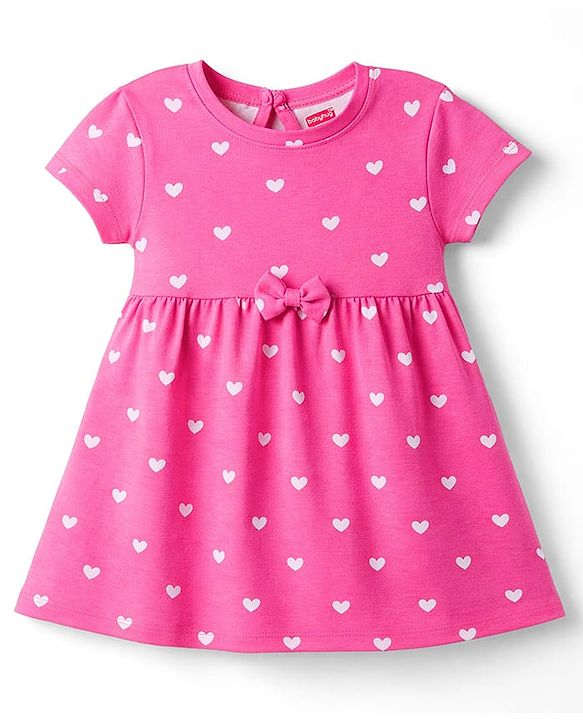 Babyhug Single Jersey Knit Half Sleeves Frocks With Heart Print & Bow Applique Pack of 2 - Navy Blue & Pink