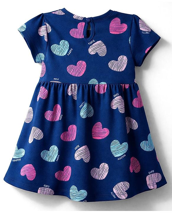 Babyhug Single Jersey Knit Half Sleeves Frocks With Heart Print & Bow Applique Pack of 2 - Navy Blue & Pink