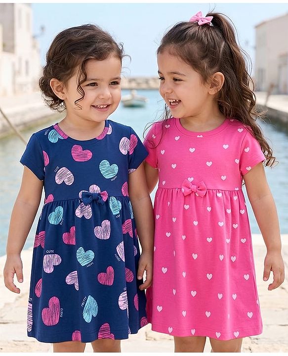 Babyhug Single Jersey Knit Half Sleeves Frocks With Heart Print & Bow Applique Pack of 2 - Navy Blue & Pink