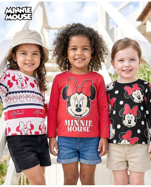 Babyhug Disney Single Jersey Knit Full Sleeves T-Shirt with Minnie Mouse Graphics Pack of 3 - Red Navy Blue & White