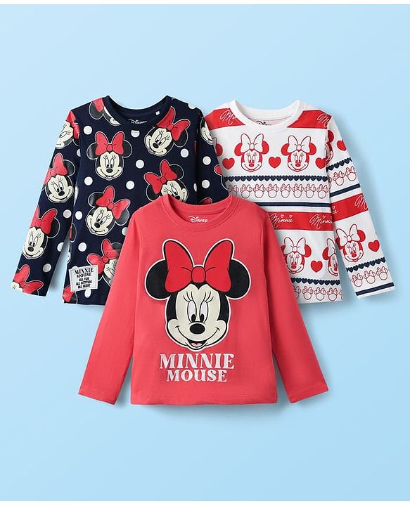 Babyhug Disney Single Jersey Knit Full Sleeves T-Shirt with Minnie Mouse Graphics Pack of 3 - Red Navy Blue & White