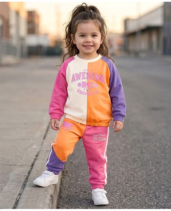 Babyhug Terry Knit Full Raglan Sleeves Top & Bottomwear Set With Text Print - Multicolour